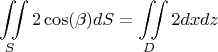 $$\iint\limits_{S} 2 \cos(\beta) dS = \iint\limits_{D} 2 dxdz$$