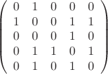 $$\[\left( {\begin{array}{*{20}{c}}
   0 & 1 & 0 & 0 & 0  \\
   1 & 0 & 0 & 1 & 1  \\
   0 & 0 & 0 & 1 & 0  \\
   0 & 1 & 1 & 0 & 1  \\
   0 & 1 & 0 & 1 & 0  \\

 \end{array} } \right)\]$$
