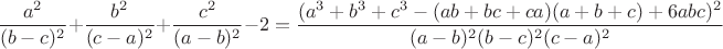 $$\frac{a^2}{(b-c)^2}+\frac{b^2}{(c-a)^2}+\frac{c^2}{(a-b)^2}-2=\dfrac{(a^3+b^3+c^3-(ab+bc+ca)(a+b+c)+6abc)^2}{(a-b)^2(b-c)^2(c-a)^2}$$