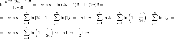 $\[\begin{gathered}
  \ln \frac{{{n^{ - \alpha }}\left( {2n - 1} \right)!!}}
{{\left( {2n} \right)!!}} =  - \alpha \ln n + \ln \left( {2n - 1} \right)!! - \ln \left( {2n} \right)!! =  \hfill \\
   =  - \alpha \ln n + \sum\limits_{i = 1}^n {\ln \left[ {2i - 1} \right]}  - \sum\limits_{j = 1}^n {\ln \left[ {2j} \right]}  =  - \alpha \ln n + \sum\limits_{i = 1}^n {\ln 2i + \sum\limits_{i = 1}^n {\ln \left( {1 - \frac{1}
{{2i}}} \right)} }  - \sum\limits_{j = 1}^n {\ln \left[ {2j} \right]}  =  \hfill \\
   =  - \alpha \ln n + \sum\limits_{i = 1}^n {\ln \left( {1 - \frac{1}
{{2i}}} \right)}  \sim  - \alpha \ln n - \frac{1}
{2}\ln n \hfill \\ 
\end{gathered} \]$
