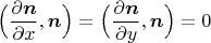 $$\Big(\frac{\partial \boldsymbol{n}}{\partial x},\boldsymbol n\Big)=\Big(\frac{\partial \boldsymbol{n}}{\partial y},\boldsymbol n\Big)=0$$