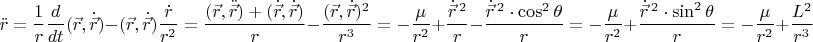 $$\ddot r=\dfrac 1r\dfrac{d}{dt}(\vec r, \dot{\vec r})-(\vec r, \dot{\vec r})\frac{\dot r}{r^2}=\dfrac{(\vec r,\ddot{\vec r})+(\dot{\vec r},\dot{\vec r})}{r}-\dfrac{(\vec r,\dot{\vec r})^2}{r^3}=-\dfrac{\mu}{r^2}+\dfrac{\dot{\vec r}\,^2}{r}-\dfrac{\dot{\vec r}\,^2\cdot \cos^2\theta}{r}=-\dfrac{\mu}{r^2}+\dfrac{\dot{\vec r}\,^2\cdot \sin^2\theta}{r}=-\dfrac{\mu}{r^2}+\dfrac{L^2}{r^3}$$