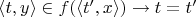 $\langle t, y\rangle \in f(\langle t^\prime, x\rangle) \rightarrow t = t^\prime$