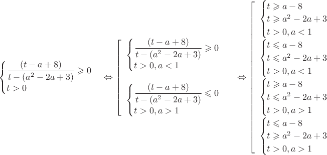 $ \begin{cases}
 \dfrac{(t-a+8)}{t-(a^2-2a+3)}\geqslant 0 \\ 
 t>0 
\end{cases} \Leftrightarrow \left[\begin{array}{l}  \begin{cases}
 \dfrac{(t-a+8)}{t-(a^2-2a+3)}\geqslant 0 \\ 
 t>0 ,a<1
\end{cases}\\ 
&\begin{cases}
 \dfrac{(t-a+8)}{t-(a^2-2a+3)}\leqslant 0 \\ 
 t>0 ,a>1
\end{cases} \end{array}\right.  \Leftrightarrow
 \left[\begin{array}{l}  
  \begin{cases} t\geqslant a-8\\
 t\geqslant a^2-2a+3 \\ t>0 ,a<1 \end{cases}\\
\begin{cases} t\leqslant a-8\\
 t\leqslant a^2-2a+3 \\ t>0 ,a<1 \end{cases}\\
  
\begin{cases} t\geqslant a-8\\
 t\leqslant a^2-2a+3 \\ t>0 ,a>1 \end{cases}\\
\begin{cases} t\leqslant a-8\\
 t\geqslant a^2-2a+3 \\ t>0 ,a>1 \end{cases}\end{array}\right.\\
 
\end{cases}\\ 
\end{array}\right.
$