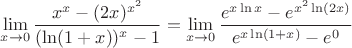 $\lim\limits_{x\to 0}\dfrac{x^x-(2x)^{x^2}}{(\ln(1+x))^x-1}=\lim\limits_{x\to 0}\dfrac{e^{x\ln x}-e^{x^2\ln(2x)}}{e^{x\ln(1+x)}-e^0}$