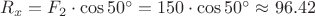 $R_x=F_2 \cdot \cos{50^\circ}=150 \cdot \cos{50^\circ} \approx 96.42$