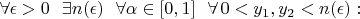 $\forall \epsilon>0~~\exists n(\epsilon)~~\forall \alpha \in [0,1] ~~\forall\,0<y_1,y_2<n(\epsilon):$