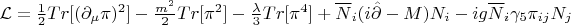 $\mathcal{L}=\frac{1}{2}Tr[(\partial_{\mu}\pi)^2]-\frac{m^2}{2}Tr[\pi^2]-\frac{\lambda}{3}Tr[\pi^4]+\overline{N}_{i}(i\hat{\partial}-M)N_{i}-ig\overline{N}_{i}\gamma_{5}\pi_{ij}N_{j}$