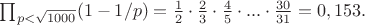 $\prod_{p< \sqrt{1000} }(1-1/p)=\frac {1} {2}\cdot \frac {2} {3} \cdot \frac {4} {5} \cdot ...\cdot \frac {30} {31} = 0,153.$