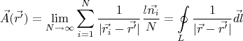 $$ \vec{A}(\vec{r'}) = \lim\limits_{N \to \infty}^{} \sum\limits_{i=1}^{N} \frac{1}{|\vec{r_i} - \vec{r'}|} \frac{l \vec{n_i}}{N} = \oint\limits_{L}^{} \frac{1}{|\vec{r} - \vec{r'}|} \vec{d l}$$