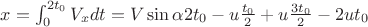 $x= \int_{0}^{2t_0} V_x dt=V \sin \alpha 2t_0-u \frac {t_0} 2+u \frac {3t_0} 2 -2ut_0