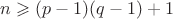 $n\geqslant (p-1)(q-1)+1$
