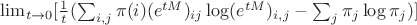 $\lim_{t \to 0}[\frac{1}{t}(\sum_{i,j}\pi(i)(e^{tM})_{ij}\log(e^{tM})_{i,j} - \sum_{j}\pi_j \log\pi_j)]$