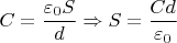 $$C = \frac {\varepsilon_0 S} {d} \Rightarrow S = \frac {Cd} {\varepsilon_0}$$