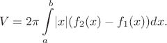 $$V=2\pi\int\limits_a^b\lvert x\rvert(f_2(x)-f_1(x))dx.$$