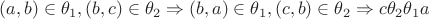 $(a,b) \in \theta_1, (b,c) \in \theta_2 \Rightarrow (b,a) \in \theta_1, (c,b) \in \theta_2 \Rightarrow c \theta_2 \theta_1 a$