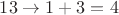 $13\rightarrow1+3=4$