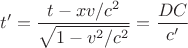 $$t'=\frac{t-xv/c^2}{\sqrt{1-v^2/c^2}}=\frac{DC}{c'}$$