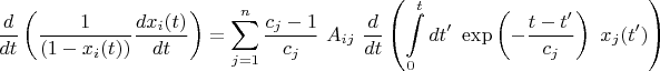 $$\frac{d}{dt}\left(\frac{1}{(1-x_i(t))}\frac{dx_i(t)}{dt}\right)= \sum\limits_{j=1}^{n}\frac{c_j-1}{c_j} \ A_{ij} \ \frac{d}{dt} \left(\int\limits_0^t dt'  \ \exp \left({-\frac{t-t'}{c_j}}\right) \ x_j(t')\right)$$