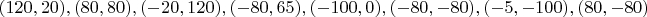 $(120,20), (80,80), (-20,120), (-80,65), (-100,0), (-80,-80), (-5,-100), (80,-80)$
