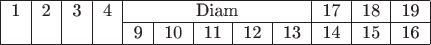 \begin{tabular}{|c|c|c|c|c|c|c|c|c|c|c|c|c|}
\hline
1 & 2 & 3 & 4 & \multicolumn{5}{|c|}{Diam} &17 &18 &19  \\
\cline{5-12}& & && 9&10 & 11& 12&13&14 &15&16\\
\hline
\end{tabular}