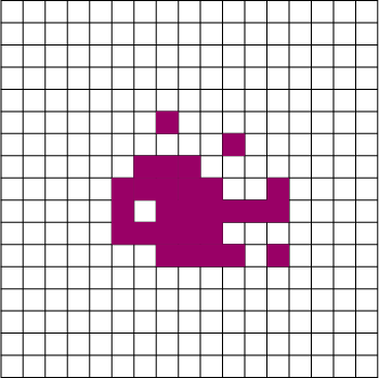 $\tikz[scale=.04]{
\draw(0,0)--(0,170)--(170,170)--(170,0)--(0,0);
\draw(0,10)--(170,10);
\draw(0,20)--(170,20);
\draw(0,30)--(170,30);
\draw(0,40)--(170,40);
\draw(0,50)--(170,50);
\draw(0,60)--(170,60);
\draw(0,70)--(170,70);
\draw(0,80)--(170,80);
\draw(0,90)--(170,90);
\draw(0,100)--(170,100);
\draw(0,110)--(170,110);
\draw(0,120)--(170,120);
\draw(0,130)--(170,130);
\draw(0,140)--(170,140);
\draw(0,150)--(170,150);
\draw(0,160)--(170,160);
\draw(10,0)--(10,170);
\draw(20,0)--(20,170);
\draw(30,0)--(30,170);
\draw(40,0)--(40,170);
\draw(50,0)--(50,170);
\draw(60,0)--(60,170);
\draw(70,0)--(70,170);
\draw(80,0)--(80,170);
\draw(90,0)--(90,170);
\draw(100,0)--(100,170);
\draw(110,0)--(110,170);
\draw(120,0)--(120,170);
\draw(130,0)--(130,170);
\draw(140,0)--(140,170);
\draw(150,0)--(150,170);
\draw(160,0)--(160,170);
\fill[red!60!blue] (70,110)--(70,120)--(80,120)--(80,110)--(70,110);
\fill[red!60!blue] (100,100)--(100,110)--(110,110)--(110,100)--(100,100);
\fill[red!60!blue] (60,90)--(60,100)--(70,100)--(70,90)--(60,90);
\fill[red!60!blue] (70,90)--(70,100)--(80,100)--(80,90)--(70,90);
\fill[red!60!blue] (80,90)--(80,100)--(90,100)--(90,90)--(80,90);
\fill[red!60!blue] (50,80)--(50,90)--(60,90)--(60,80)--(50,80);
\fill[red!60!blue] (60,80)--(60,90)--(70,90)--(70,80)--(60,80);
\fill[red!60!blue] (70,80)--(70,90)--(80,90)--(80,80)--(70,80);
\fill[red!60!blue] (80,80)--(80,90)--(90,90)--(90,80)--(80,80);
\fill[red!60!blue] (90,80)--(90,90)--(100,90)--(100,80)--(90,80);
\fill[red!60!blue] (120,80)--(120,90)--(130,90)--(130,80)--(120,80);
\fill[red!60!blue] (50,70)--(50,80)--(60,80)--(60,70)--(50,70);
\fill[red!60!blue] (70,70)--(70,80)--(130,80)--(130,70)--(70,70);
\fill[red!60!blue] (50,60)--(50,70)--(100,70)--(100,60)--(50,60);
\fill[red!60!blue] (70,50)--(70,60)--(110,60)--(110,50)--(70,50);
\fill[red!60!blue] (120,50)--(120,60)--(130,60)--(130,50)--(120,50);
}}$