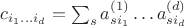 $c_{i_1\dots i_d} = \sum_s a^{(1)}_{s i_1}\dots a^{(d)}_{s i_d}$