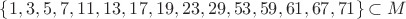 $\{1,3,5,7,11,13,17,19,23,29,53,59,61,67,71\} \subset M$