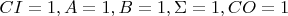$CI = 1, A=1, B=1, \Sigma=1, CO = 1$