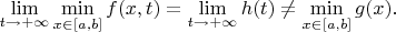 $\lim\limits_{t \to +\infty}\min\limits_{x \in [a, b]}f(x,t)=\lim\limits_{t \to +\infty}h(t)\neq\min\limits_{x \in [a, b]}g(x).$