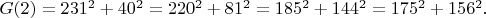 $G(2)=231^2+40^2=220^2+81^2=185^2+144^2=175^2+156^2.$