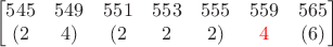 $$\begin{bmatrix}
545 & 549 & 551 & 553 & 555 & 559 & 565 \\
(2 & 4) & (2 & 2 & 2) & \color{red}{4} & (6) 
\end{bmatrix}$$