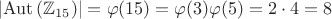 $$\left|\mathrm{Aut}\left(\mathbb{Z}_{15}\right)\right|=\varphi(15)=\varphi(3)\varphi(5)=2\cdot4=8$$
