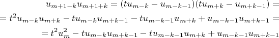 $$\begin{align} &&u_{m+1-k}u_{m+1+k} = (tu_{m-k}-u_{m-k-1})(tu_{m+k}-u_{m+k-1}) = \\
&& =t^2u_{m-k}u_{m+k}-tu_{m-k}u_{m+k-1}-tu_{m-k-1}u_{m+k}+u_{m-k-1}u_{m+k-1}=\\
&& = t^2 u_m^2 - tu_{m-k}u_{m+k-1}-tu_{m-k-1}u_{m+k}+u_{m-k-1}u_{m+k-1}\end{align}$$