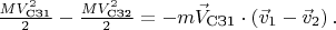 $\frac{MV_{\text{СЗ1}}^2}{2} -\frac{MV_{\text{СЗ2}}^2}{2}=-m\vec{V}_{\text{СЗ1}} \cdot (\vec{v}_1-\vec{v}_2) \, .$