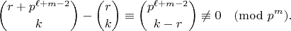 $$\binom{r+p^{\ell+m-2}}{k}-\binom{r}{k}\equiv\binom{p^{\ell+m-2}}{k-r}\not\equiv0\pmod{p^{m}}.$$