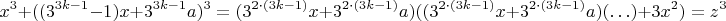 $$x^3 +((3^{3k-1}-1)x+3^{3k-1}a)^3=(3^{2\cdot(3k-1)}x+3^{2\cdot(3k-1)}a)((3^{2\cdot(3k-1)}x+3^{2\cdot(3k-1)}a)(\ldots)+3x^2)=z^3$$