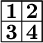 $$\tikz[scale=.04]{
\draw(0,0)--(0,20)--(20,20)--(20,0)--(0,0);
\draw(0,10)--(20,10);
\draw(0,20)--(20,20);
\draw(10,0)--(10,20);
\draw(20,0)--(20,20);
\node at (10,15){\large \textbf{1  2}};
\node at (10,5){\large \textbf{3  4}};
}}$$