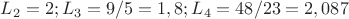 $L_2 = 2; L_3 = 9/5 = 1,8; L_4 = 48/23 = 2,087$