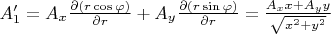 $A'_1=A_x\frac{\partial(r\cos\varphi)}{\partial r}+A_y\frac{\partial (r\sin\varphi)}{\partial r}=\frac{A_x x+A_y y}{\sqrt{x^2+y^2}}$