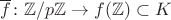 $\overline f\colon \mathbb Z/p\mathbb Z\to f(\mathbb Z)\subset K$