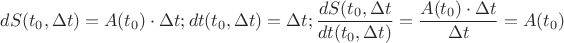 $dS(t_0,\Delta t)=A(t_0)\cdot \Delta t; dt(t_0, \Delta t)=\Delta t; \dfrac{dS(t_0, \Delta t}{dt(t_0, \Delta t)}=\dfrac{A(t_0)\cdot \Delta t}{\Delta t}=A(t_0)$