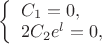 $\left\{\begin{array}{ll} C_1=0,\\
2C_2e^l=0,\end{array}}\right$ $\left\{\begin{array}{ll} C_1=0,\\
2C_2e^l=0,\end{array}}\right$