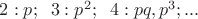 $2: p; \;\;3: p^2; \;\;4: pq, p^3; ...$