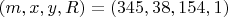 $(m,x,y,R)=(345,38,154,1)$