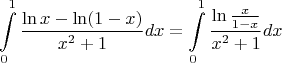 $$\int\limits_0^1\dfrac{\ln x - \ln(1-x)}{x^2+1}dx = \int\limits_0^1\dfrac{\ln \frac{x}{1-x}}{x^2+1}dx$$