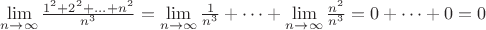 $\lim\limits_{n\to\infty} { {1^2+2^2+...+n^2} \over {n^3}}=\lim\limits_{n\to\infty}\frac{1}{n^3}+\dots+\lim\limits_{n\to\infty}\frac{n^2}{n^3}= 0+\dots+0=0 $