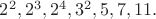 $2^2,2^3,2^4,3^2,5,7,11.$