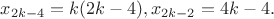 $x_{2k-4}=k(2k-4),x_{2k-2}=4k-4.$
