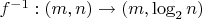 $f^{-1}:(m,n)\rightarrow(m,\log_2n)$